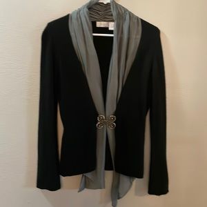 Gorgeous black cashmere open front sweater with attached silk scarf by bibelot